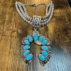 Large Squash Blossom Pendant Chunky‎ Necklace and Earrings Set with Turquoise St